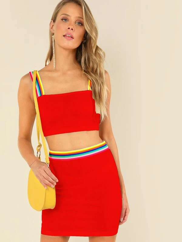 rainbow jean skirt set