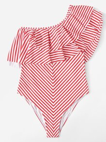 Plus One Shoulder Layered Flounce Foldover Striped Swimsuit