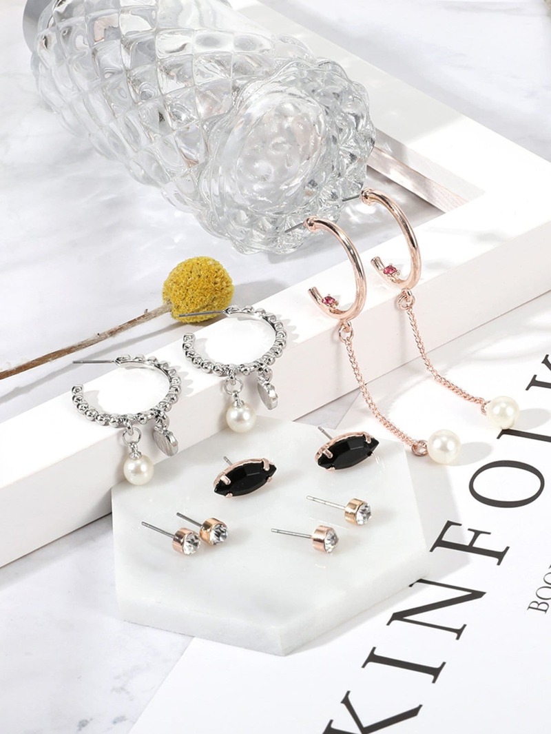 

Gemstone & Faux Pearl Earrings 5pairs, Gold