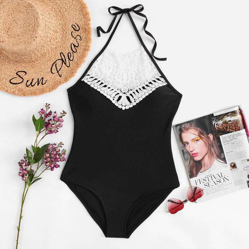 

Crochet Lace Panel Halter One Piece Swimsuit, Black and white