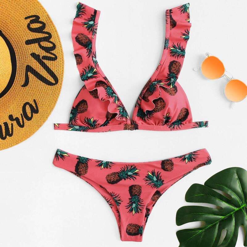 

Pineapple Print Ruffle Top With Hipster Bikini, Multicolor