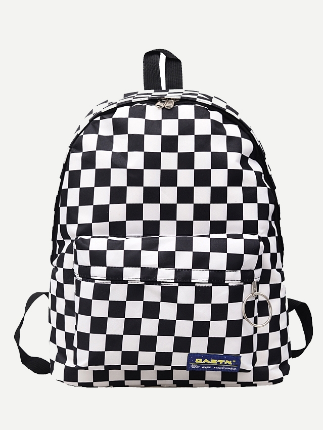 

Plaid Detail Metal Ring Backpack, Black and white