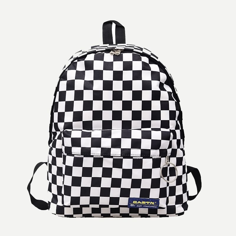 

Checker Metal Ring Detail Backpack, Black and white