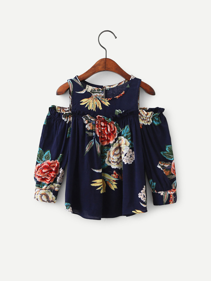 

Girls Floral Print Open Shoulder Blouse, Navy