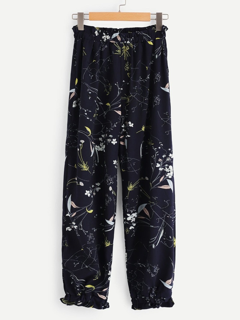 

Frill Hem Floral Pants, Navy