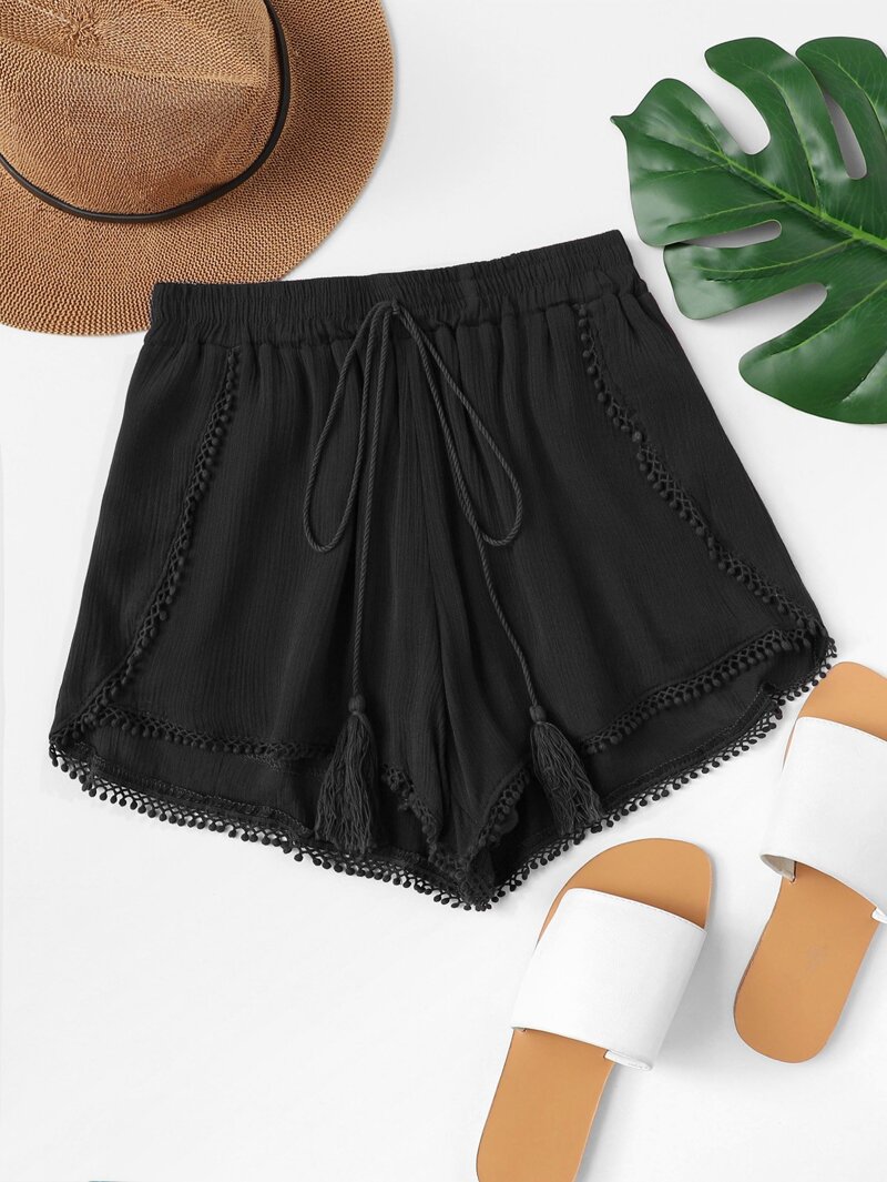 

Lace Trim Tassel Tie Shorts, Black