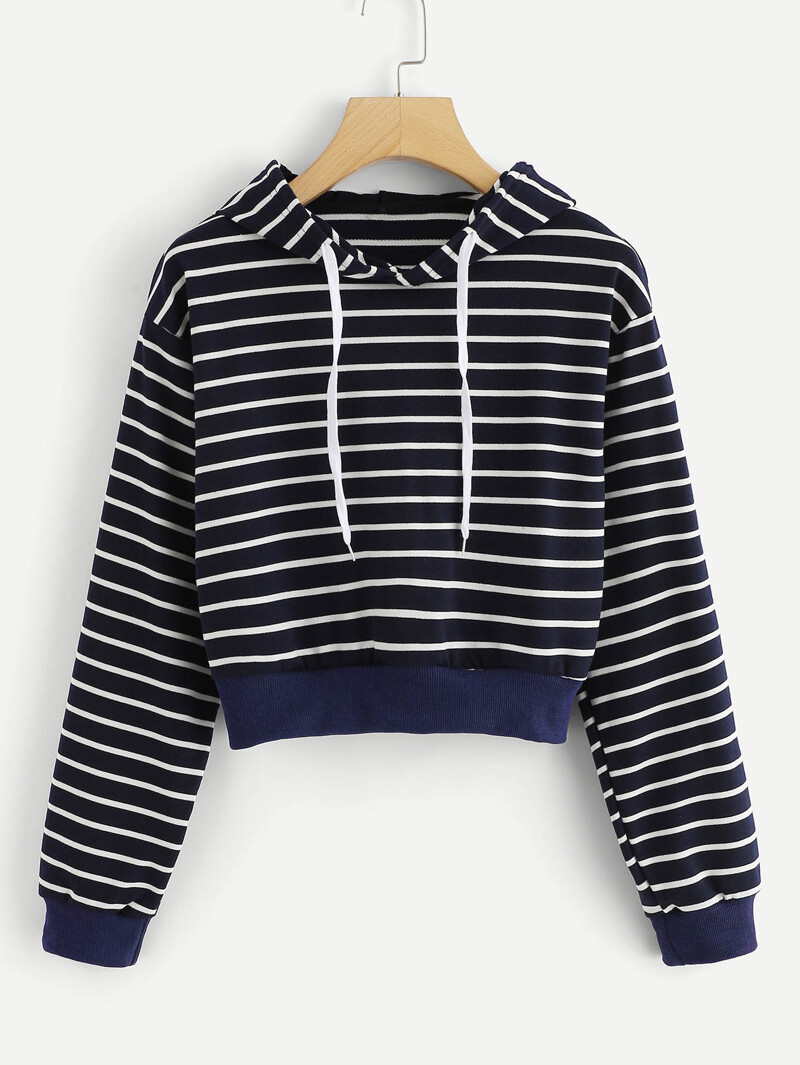 

Striped Hooded Sweatshirt, Navy