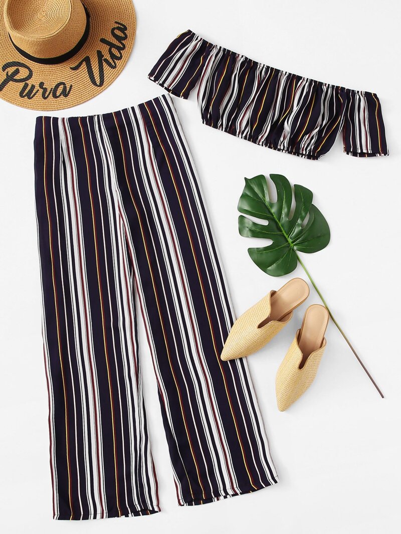 

Off Shoulder Striped Crop Top With Pants, Multicolor