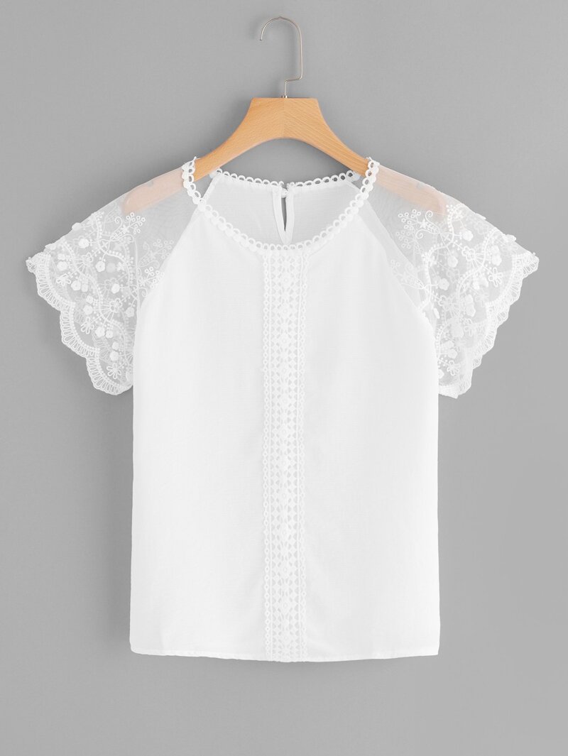 

Contrast Lace Cut Out Back Blouse, White