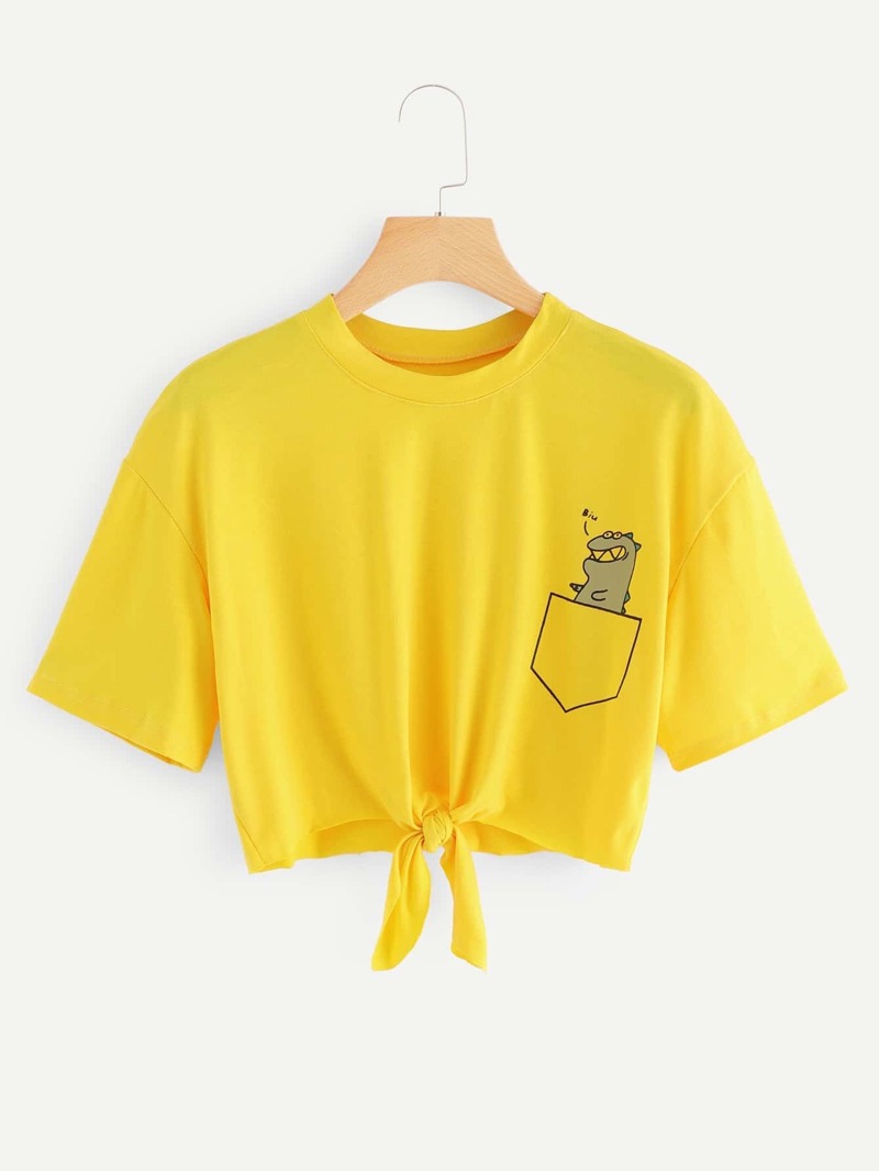 

Cartoon Print Knot Front Tee, Yellow