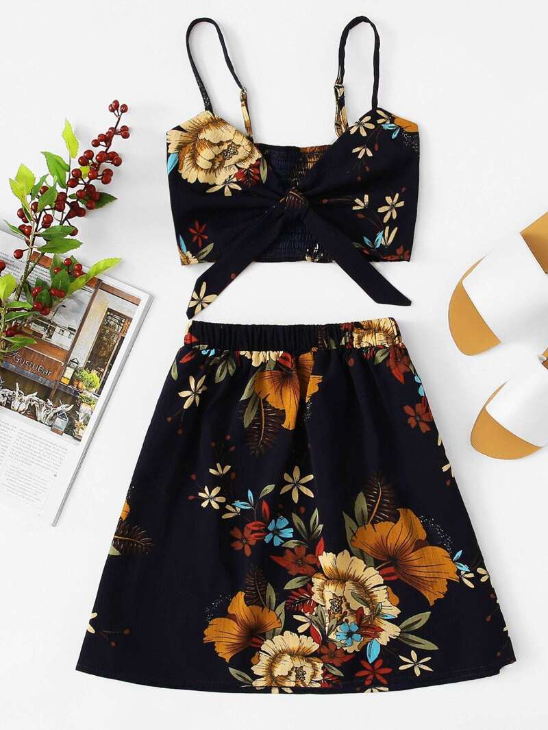 

Floral Print Knot Front Two-piece Outfit, Navy