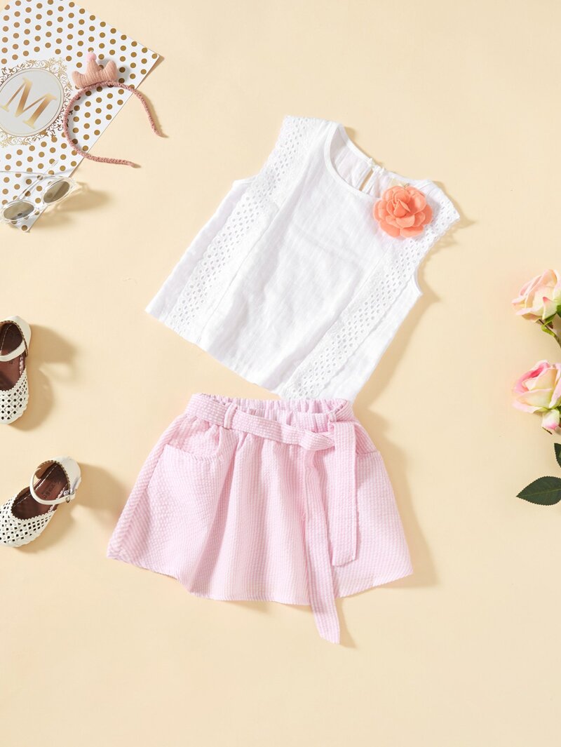 

Girls Eyelet Embroidered Vest And Striped Skirt Set With Brooch, Multicolor