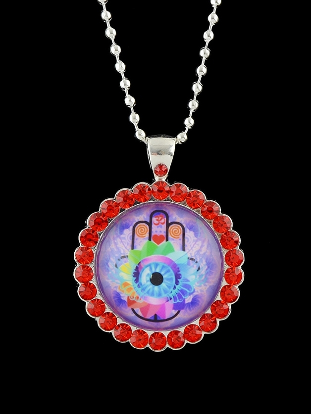 

Red Colorful Rhinestone Eye Hand Pattern Round Shape Pendant Necklace, Multicolor