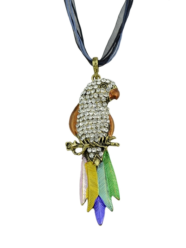 

White Bohemian Colorful Rhinestone Parrot Big Pendant Necklaces, Multicolor