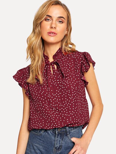 Ruffle Sleeve Tied Neck Dot Blouse pictures