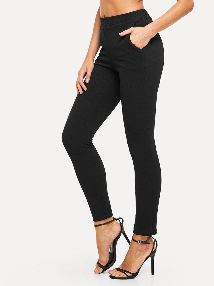 SHEIN Essnce Mid-Rise Textured Skinny Pants - Black - View 4