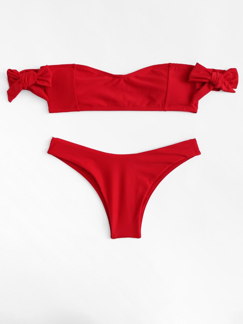 

Off The Shoulder Plain Bikini Set, Red