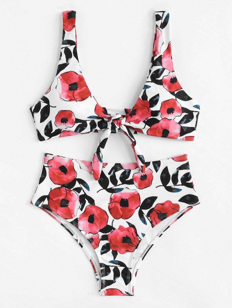 

Knot Front Floral Bikini Set, Multicolor