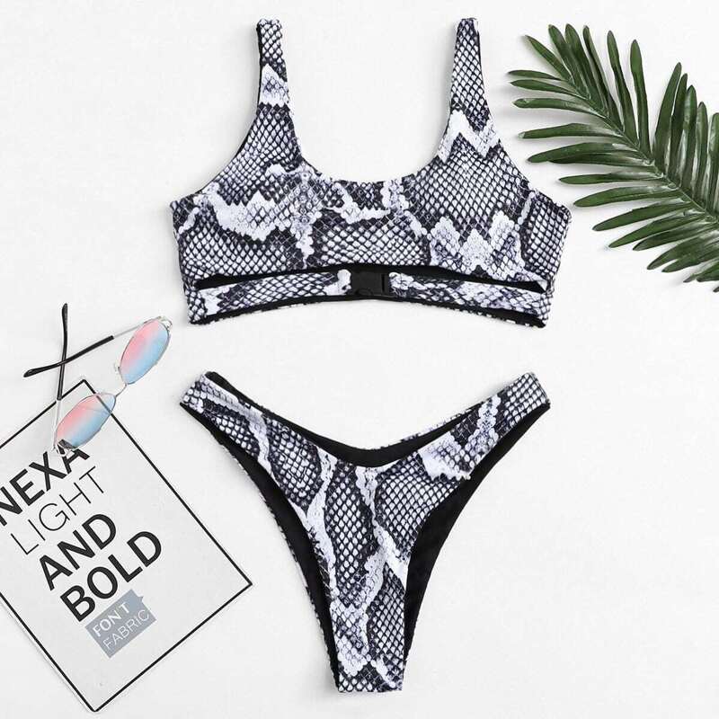 

Snake Print Scoop Neck Top With High Leg Bikini, Multicolor