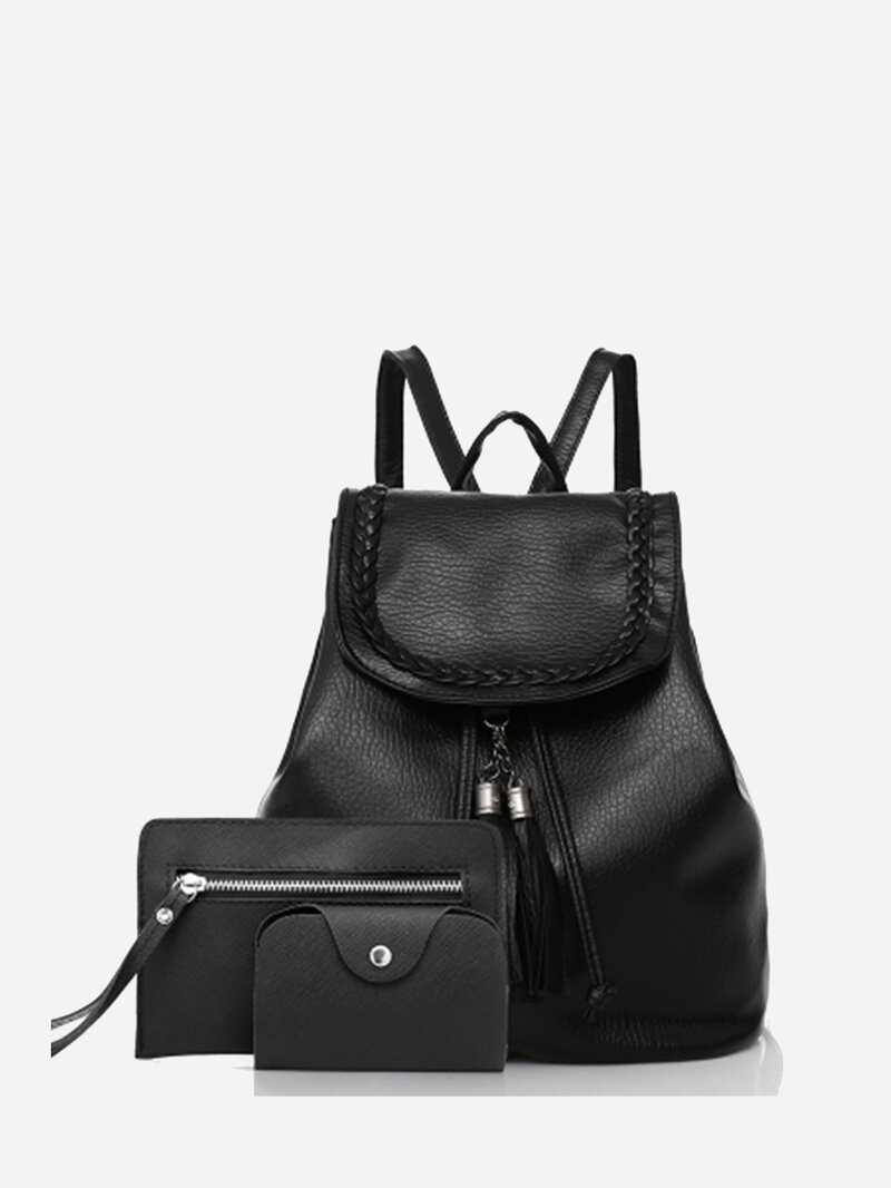 

Tassel Decorated PU Backpack Set 3pcs, Black