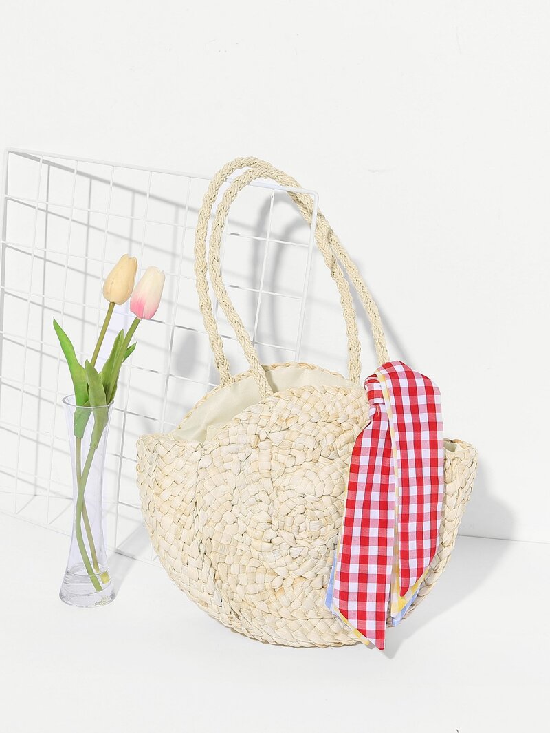 

Girls Straw Handbag With Gingham Scarf, Beige