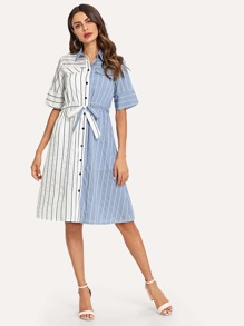 Patched Striped Drawstring Waist Dress With Strap