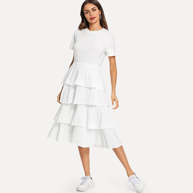 

Tiered Flounce Midi Dress, White