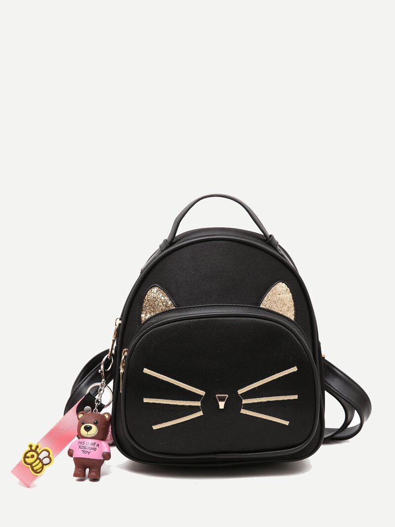

Cartoon Embroidered Backpack With Charm, Black