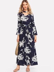 Cut Out Neck Floral Print Self Tie Dress