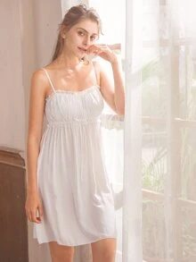 Camisón con nudo con encaje floral - Blanco - Ver 1