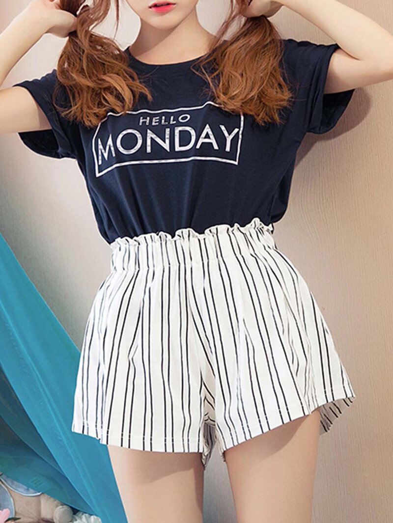 

Letter Print Tee & Striped Shorts PJ Set, Multicolor