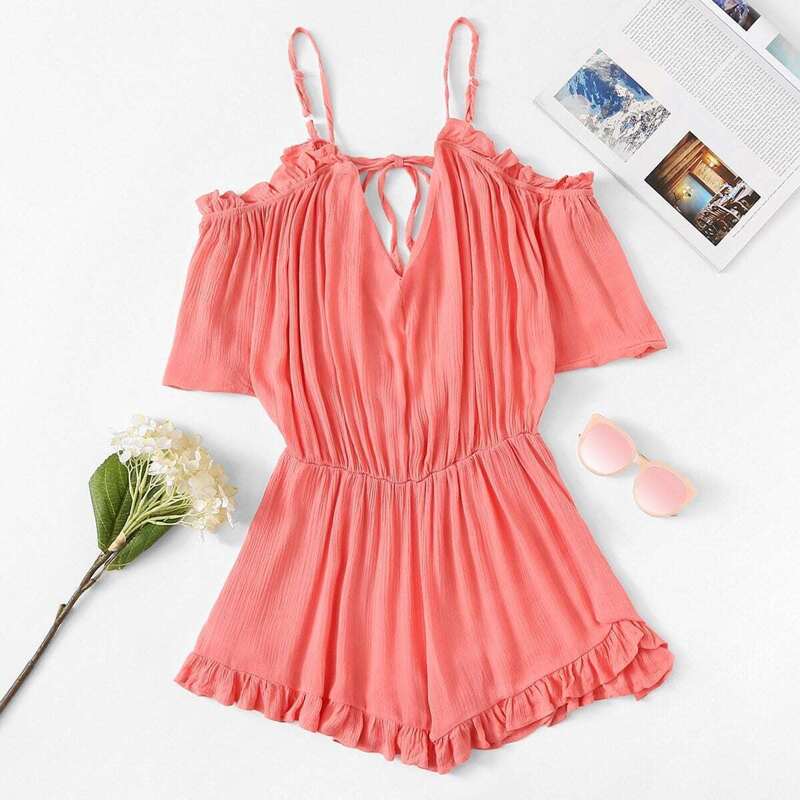 

Solid Frill Trim Cami Romper, Red