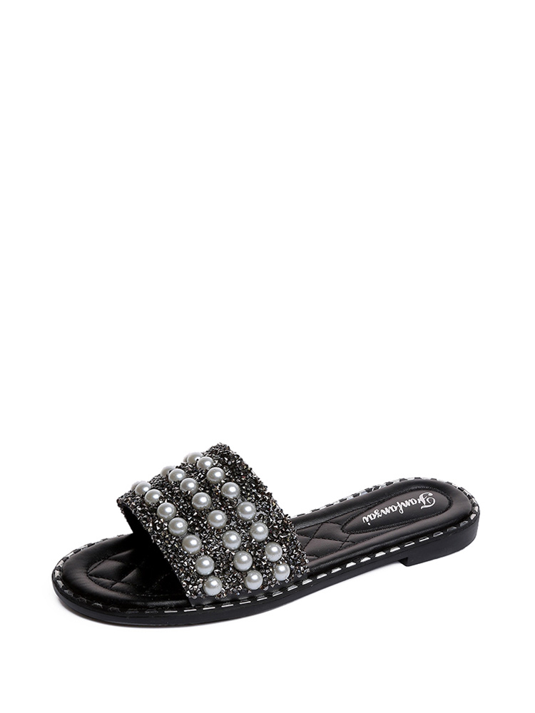 

Faux Pearl Decor Flat Sandals, Black