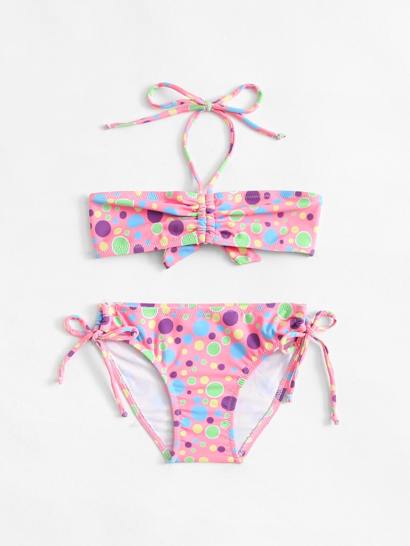 

Girls Tie Side Polka Dot Bikini Set, Pink