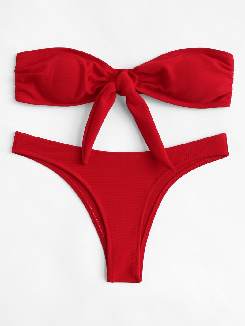 

Knot Front Plain Bikini Set, Red