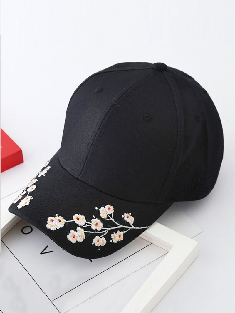 

Embroidered Flower Baseball Cap, Black