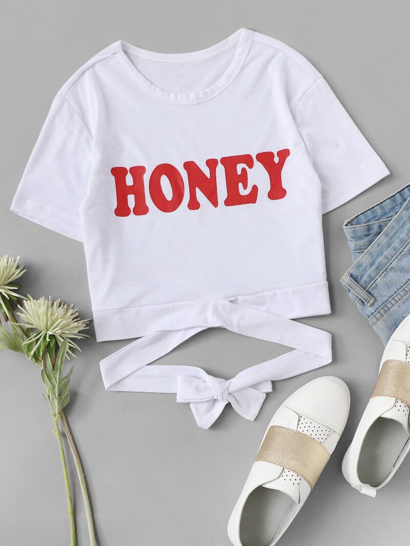 

Letter Print Cross Tie Detail Crop Tee, White