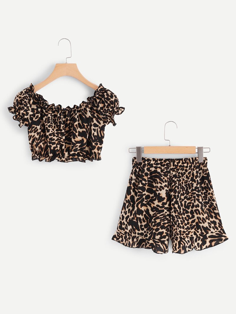 

Frill Trim Leopard Top With Shorts, Multicolor