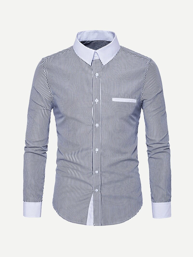 

Men Curved Hem Striped Blouse, Black