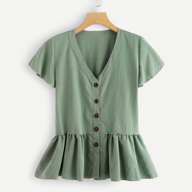 

Button Through Peplum Tea Top, Green