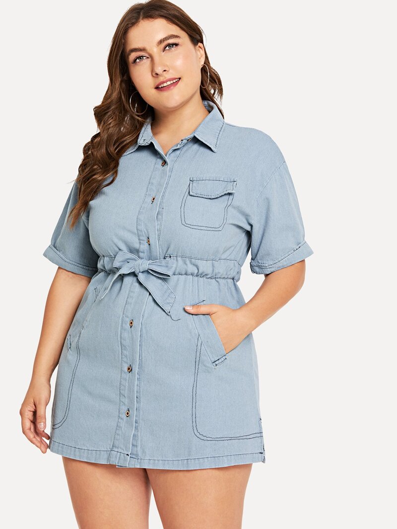 

Plus Single Breasted Drawstring Pocket Dress, Blue, Franziska