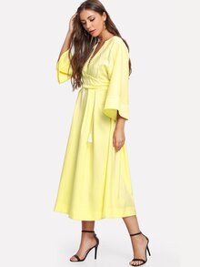 Plunging Kimono Sleeve Tassel Tie Dress