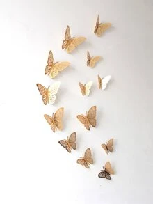Adhesivo decorativo de pared con 12 mariposas 3D - Dorado - Ver 3