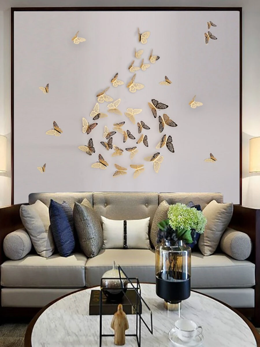 Adhesivo decorativo de pared con 12 mariposas 3D - Dorado - Ver 1