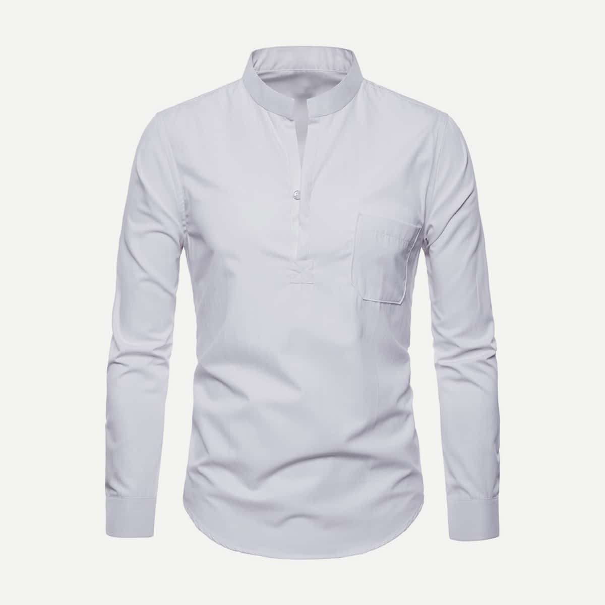 

Guys Curved Hem Stand Collar Solid Shirt, White