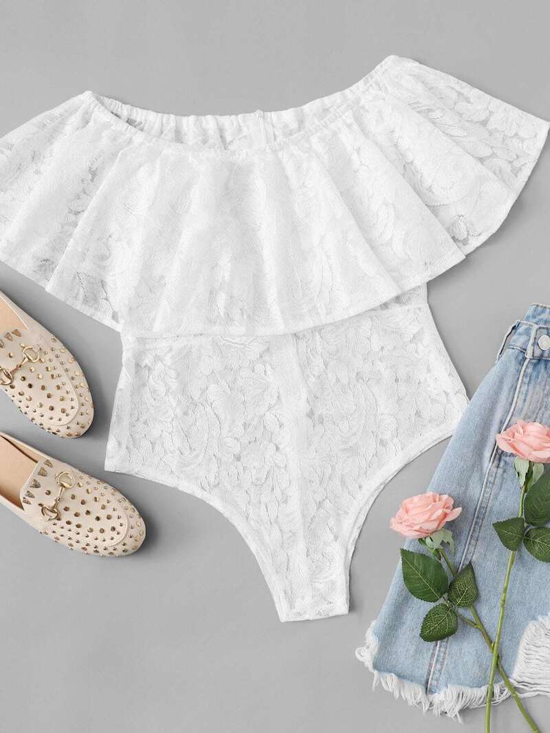 

Lace Off Shoulder Bodysuit, White