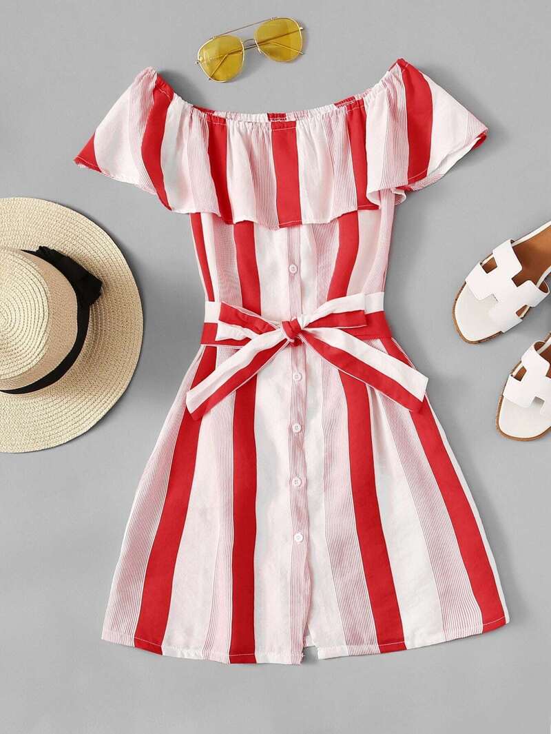 

Off Shoulder Tie Waist Striped Dress, Red