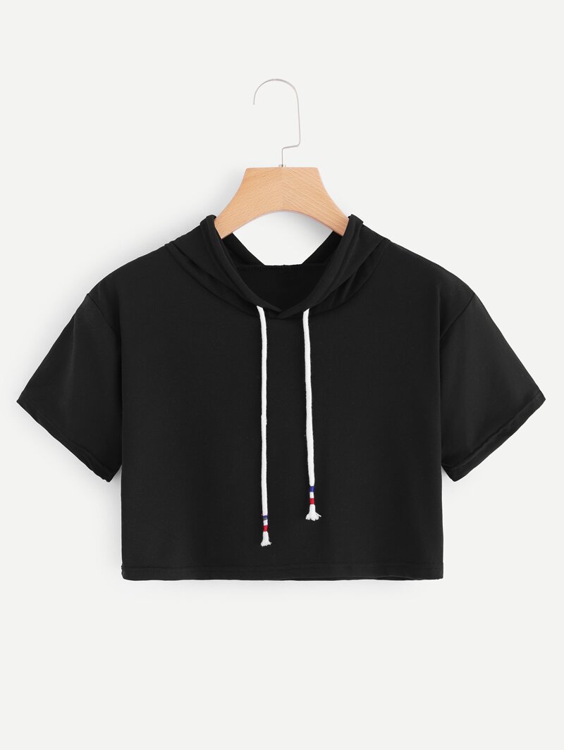 

Drop Shoulder Drawstring Crop Tee, Black