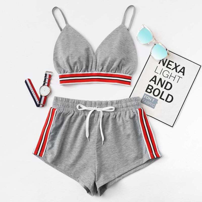 

Striped Tape Panel Cami Top With Shorts, Grey