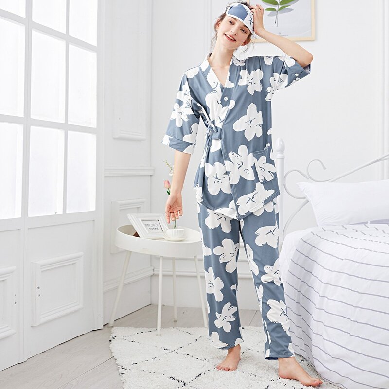

Flower Print Wrap Pajama Set With Eye Mask, Multicolor